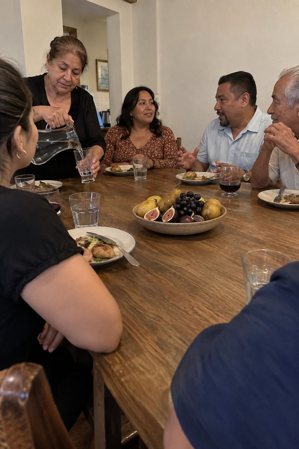 A multigenerational Latino family dines beside pears, figs and dark grapes confined to one shallow center bowl with no other botanicals.