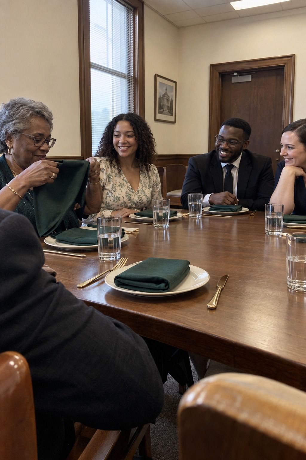 Courthouse-reception guests use repeated forest-green napkins and restrained brushed-gold flatware at a completely bare-center table.