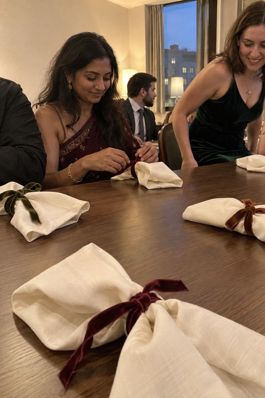 Guest naturally unties a narrow wine velvet ribbon from a cream napkin while another sits down.
