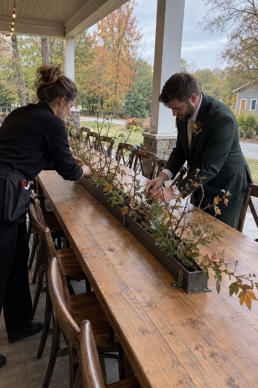 Coordinator and member of the couple fasten a sparse branch runner inside a weighted trough before service.