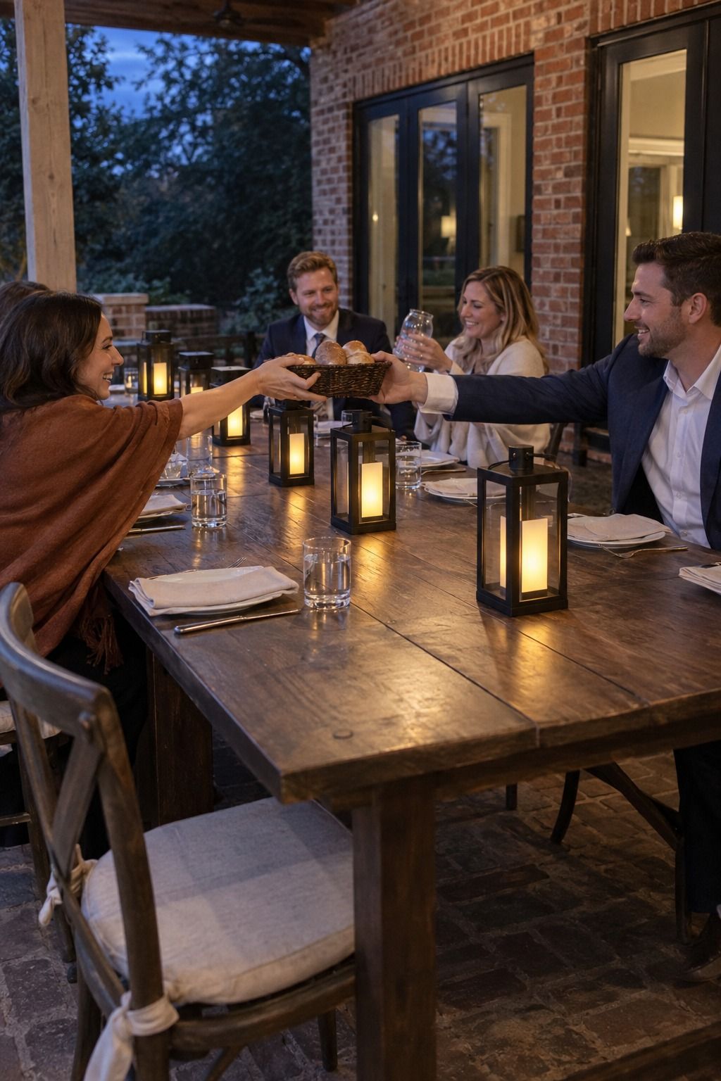 Covered-patio dinner with closed-door lanterns in two heights, each holding a rectangular warm electric light module.
