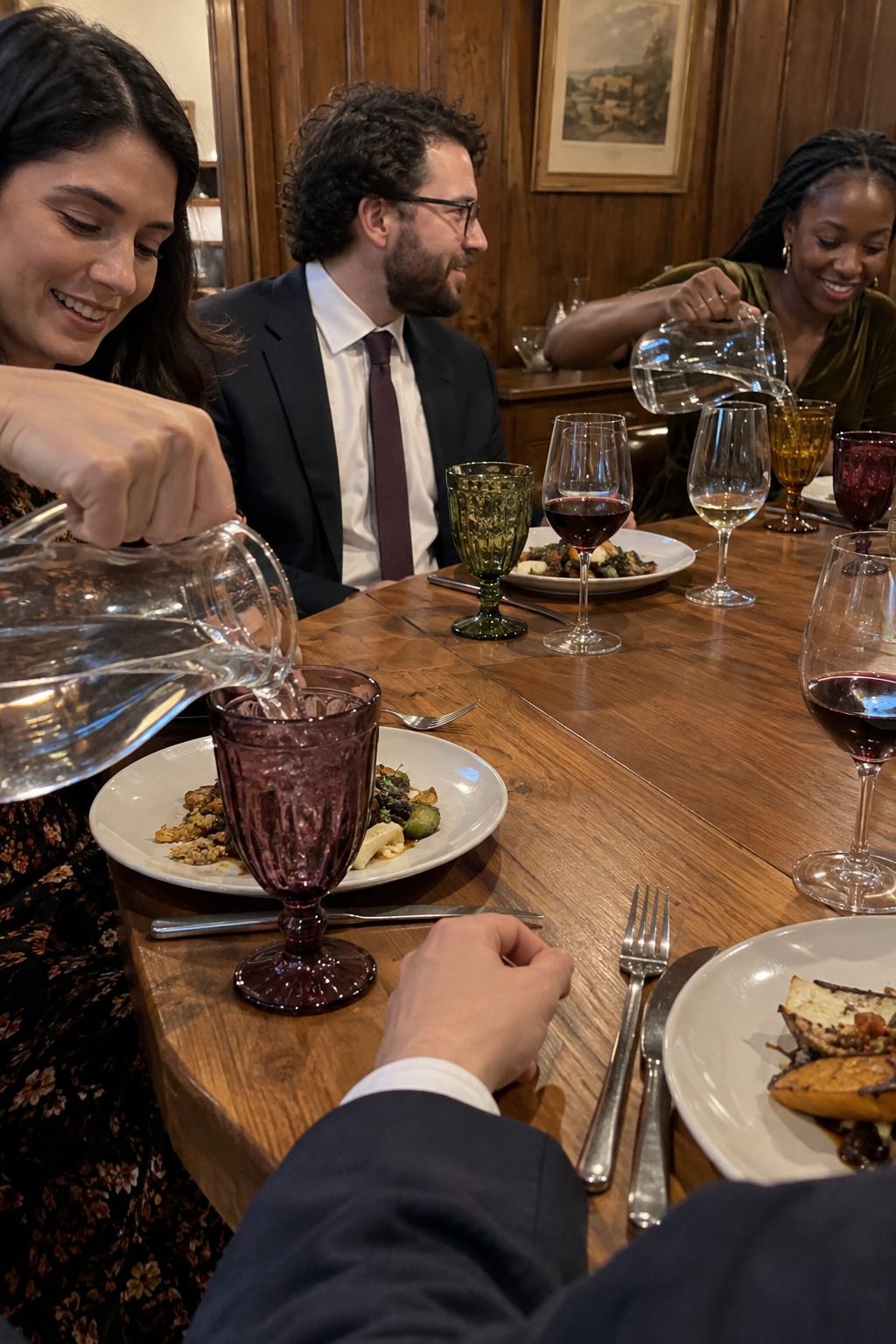 Guests pour water into smoke, amber, garnet, olive and plum goblets while wine glasses remain clear.