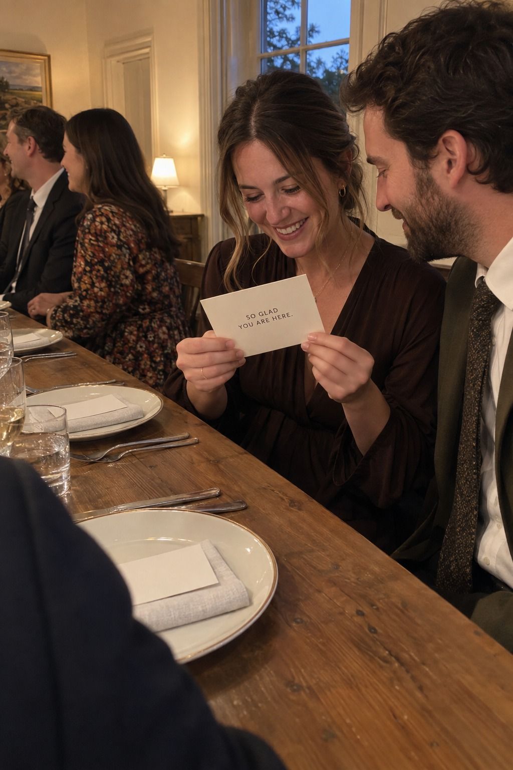 Guest smiles over one readable personal card while their partner leans closer; other cards remain face down.