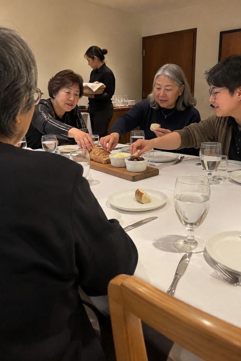 Older East Asian women and a younger friend share rustic bread from a central wooden board with butter and olives in plain ramekins.