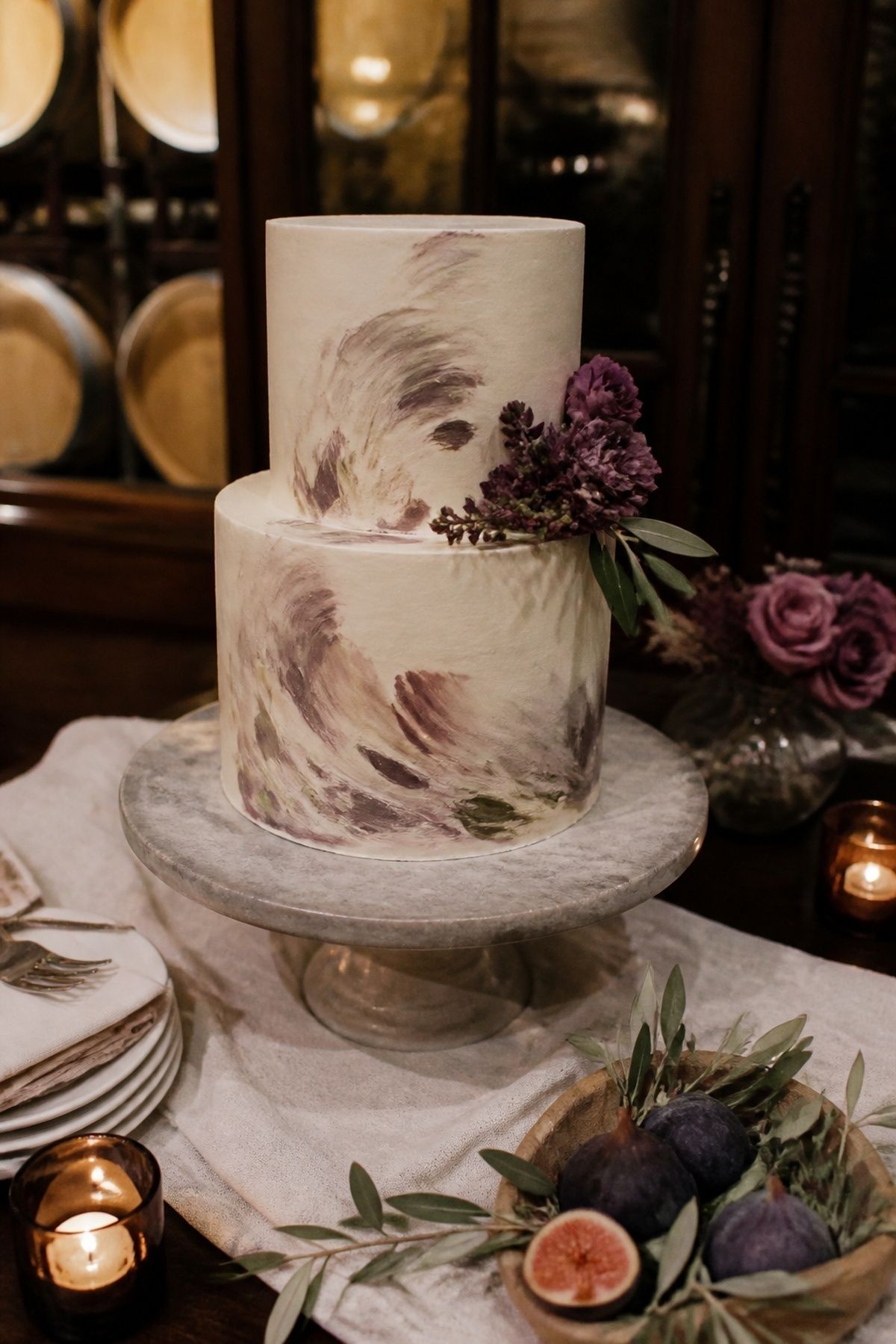 Plum and olive painted wedding cake