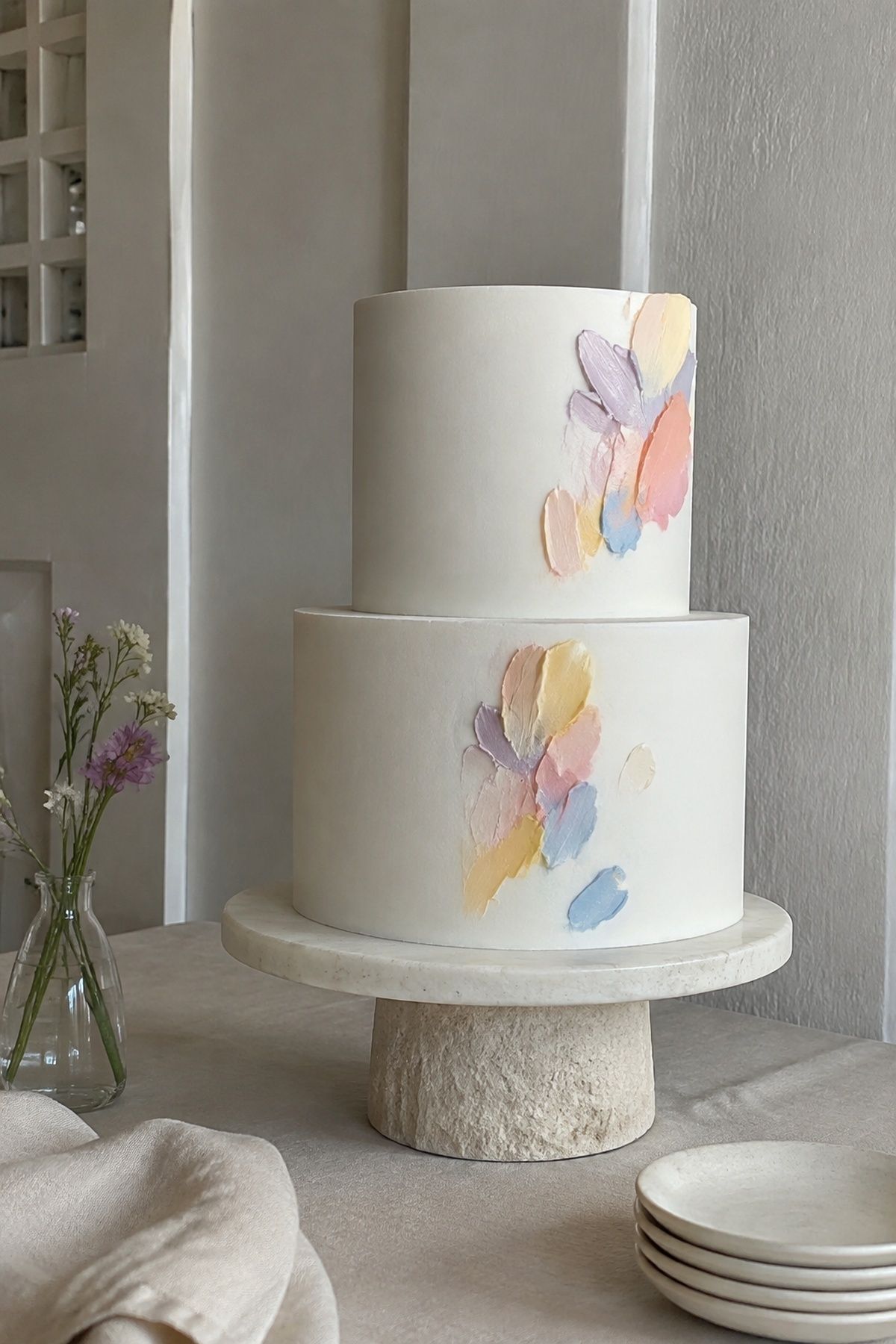 Modern white cake with pastel strokes