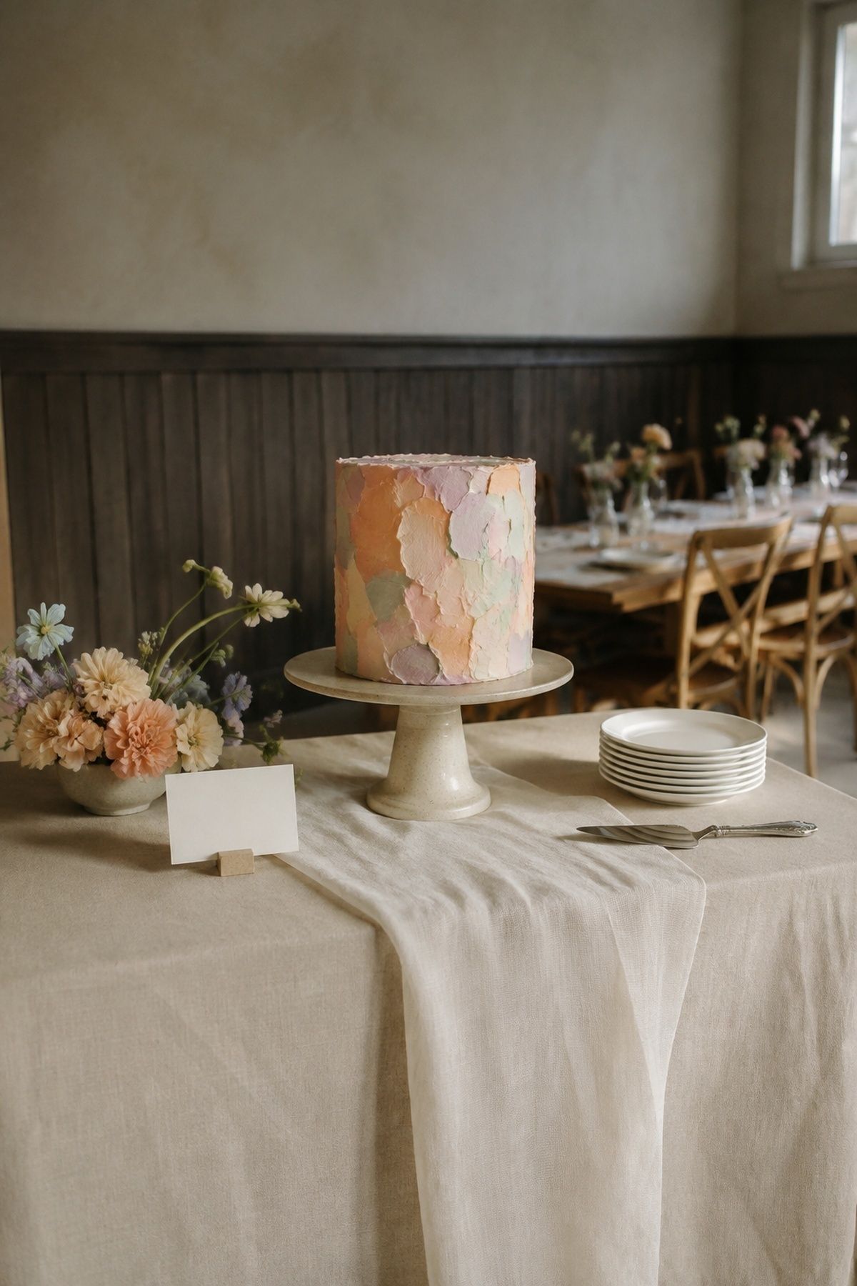 Cake table set up for an oil pastel cake