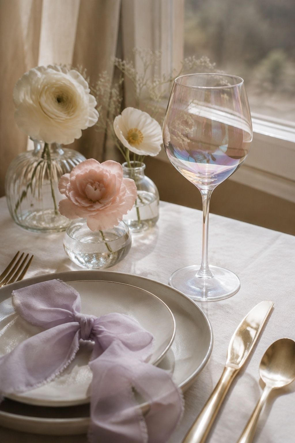 Blush, lavender and pale blue opalescent reflections