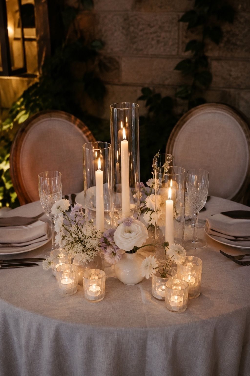 Pearlescent candleholders grouped at dinner