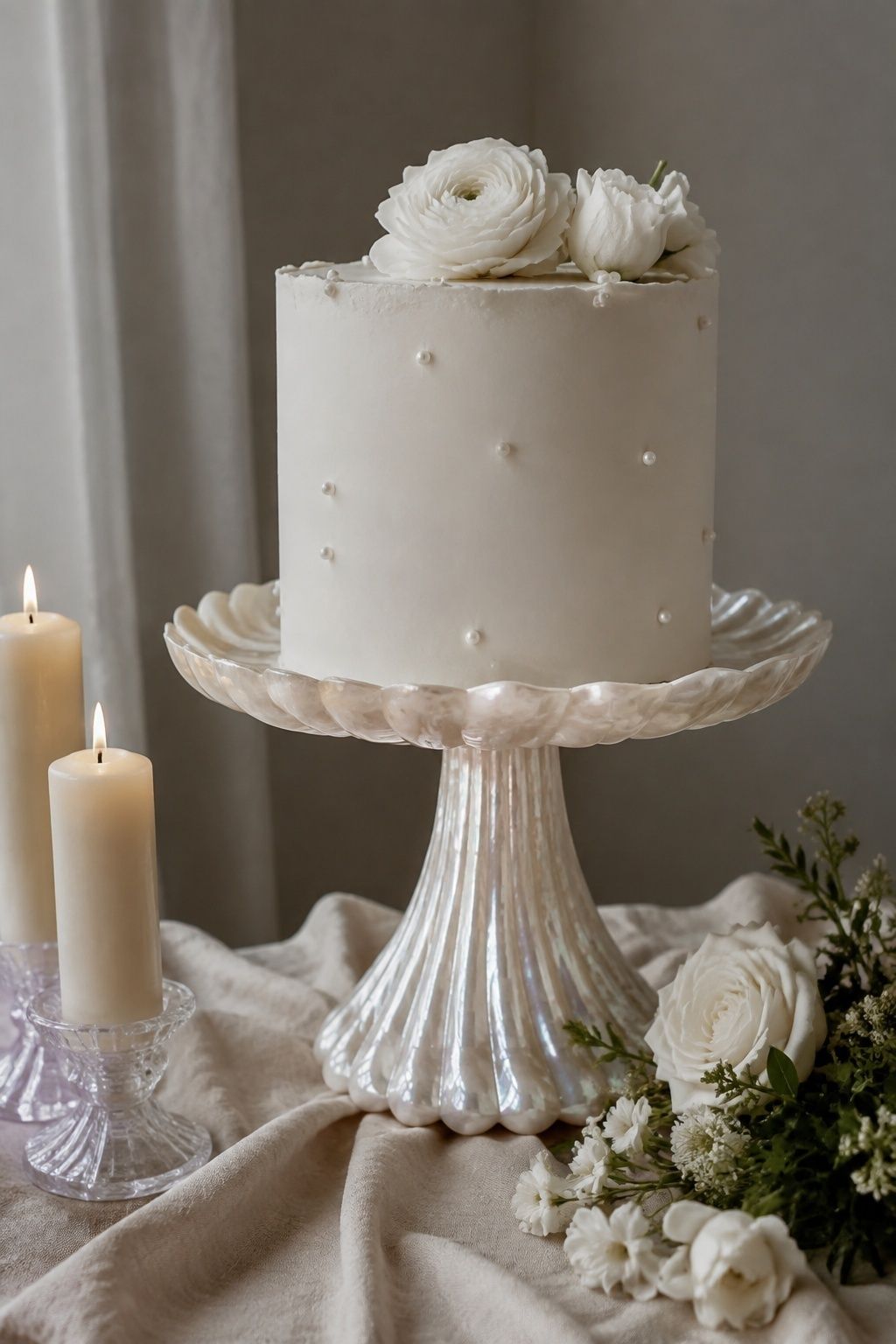 Simple cake on a shimmering cake stand