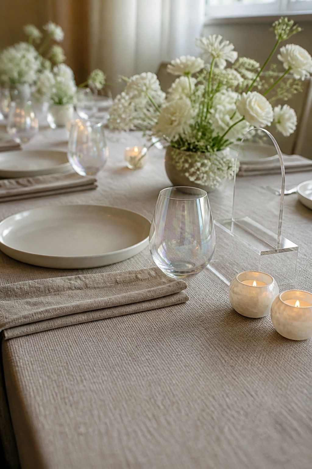 Opalescent pieces mixed with matte linens