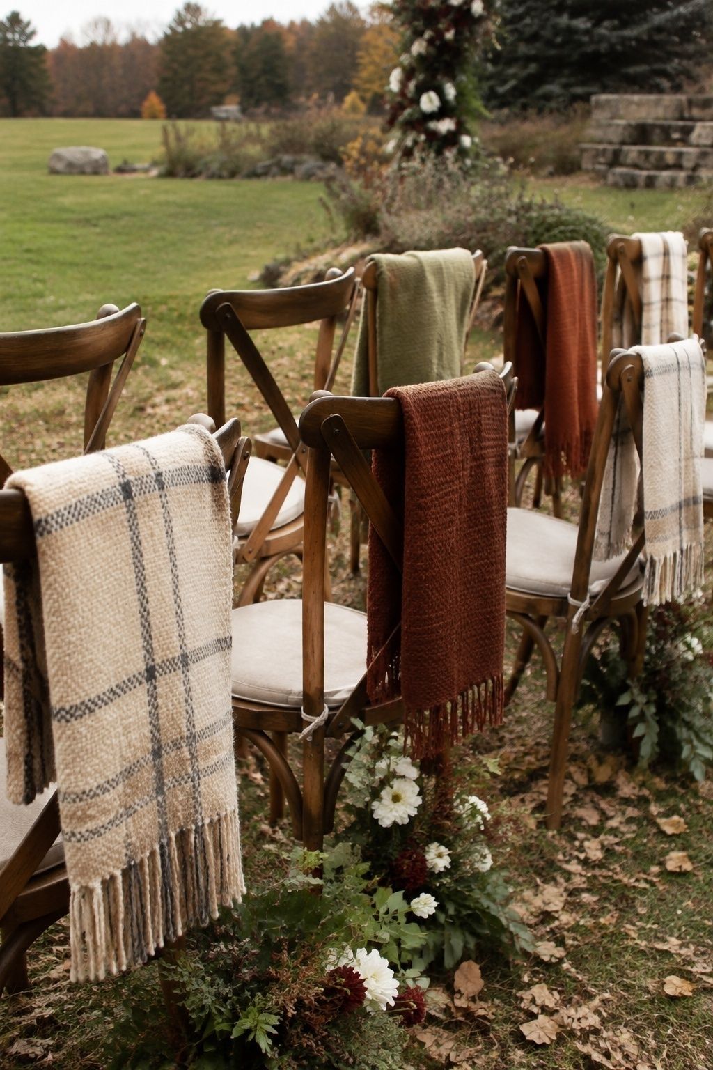 Autumn wedding blankets folded over wooden ceremony chairs
