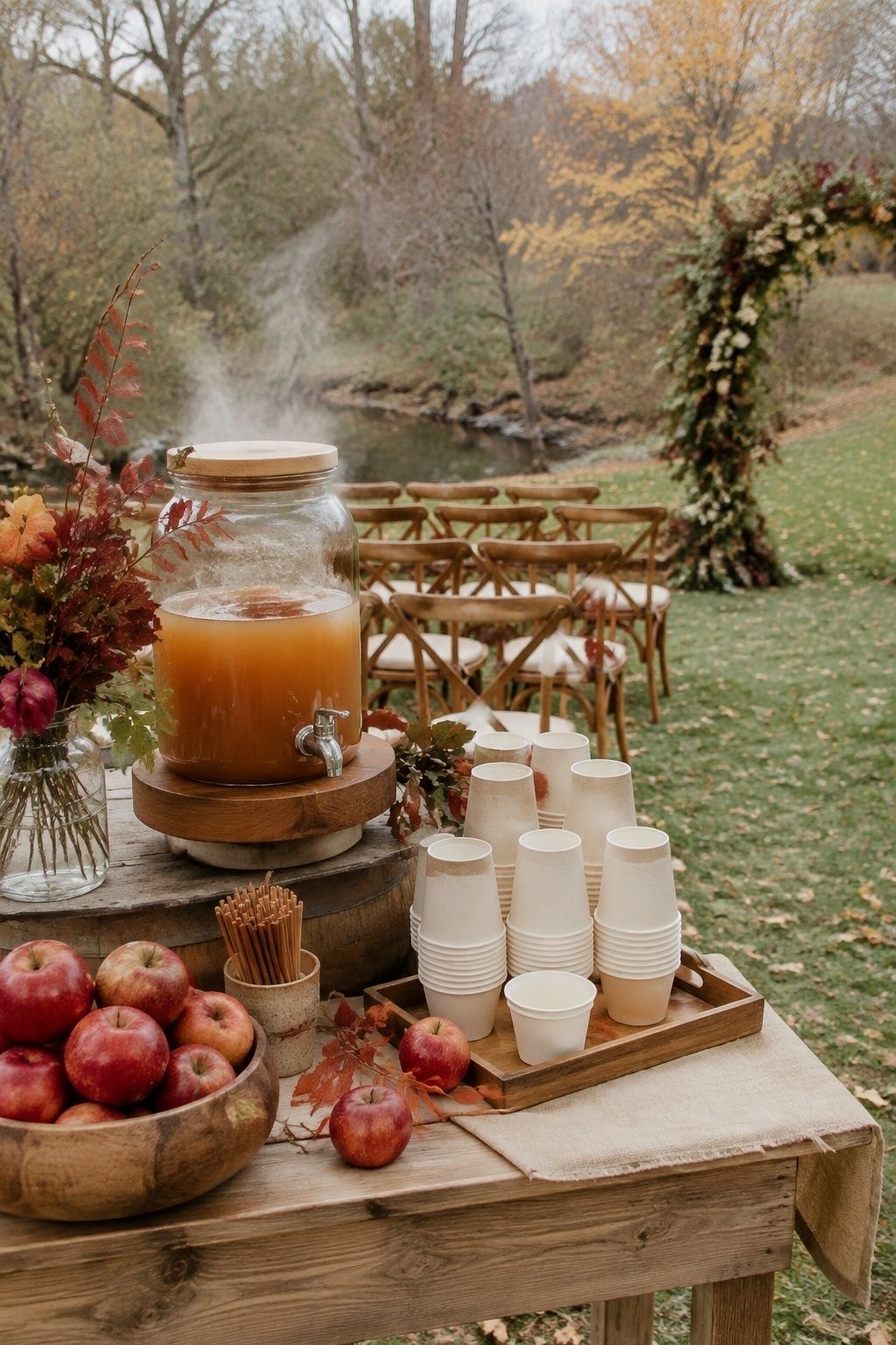 Hot cider welcome station beside an outdoor fall ceremony
