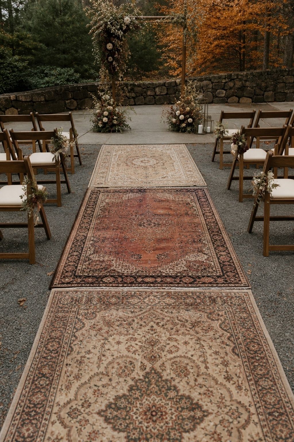 Layered aisle rugs secured on firm ground for a fall wedding