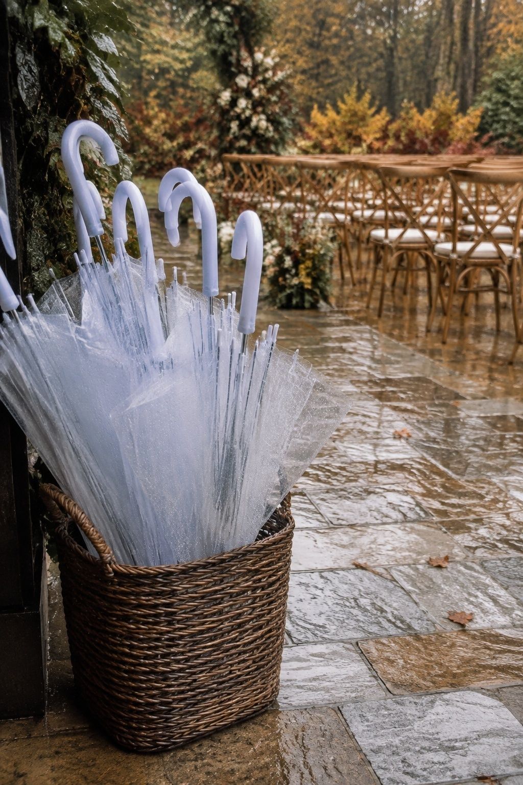 Clear umbrellas ready at an outdoor fall ceremony entrance