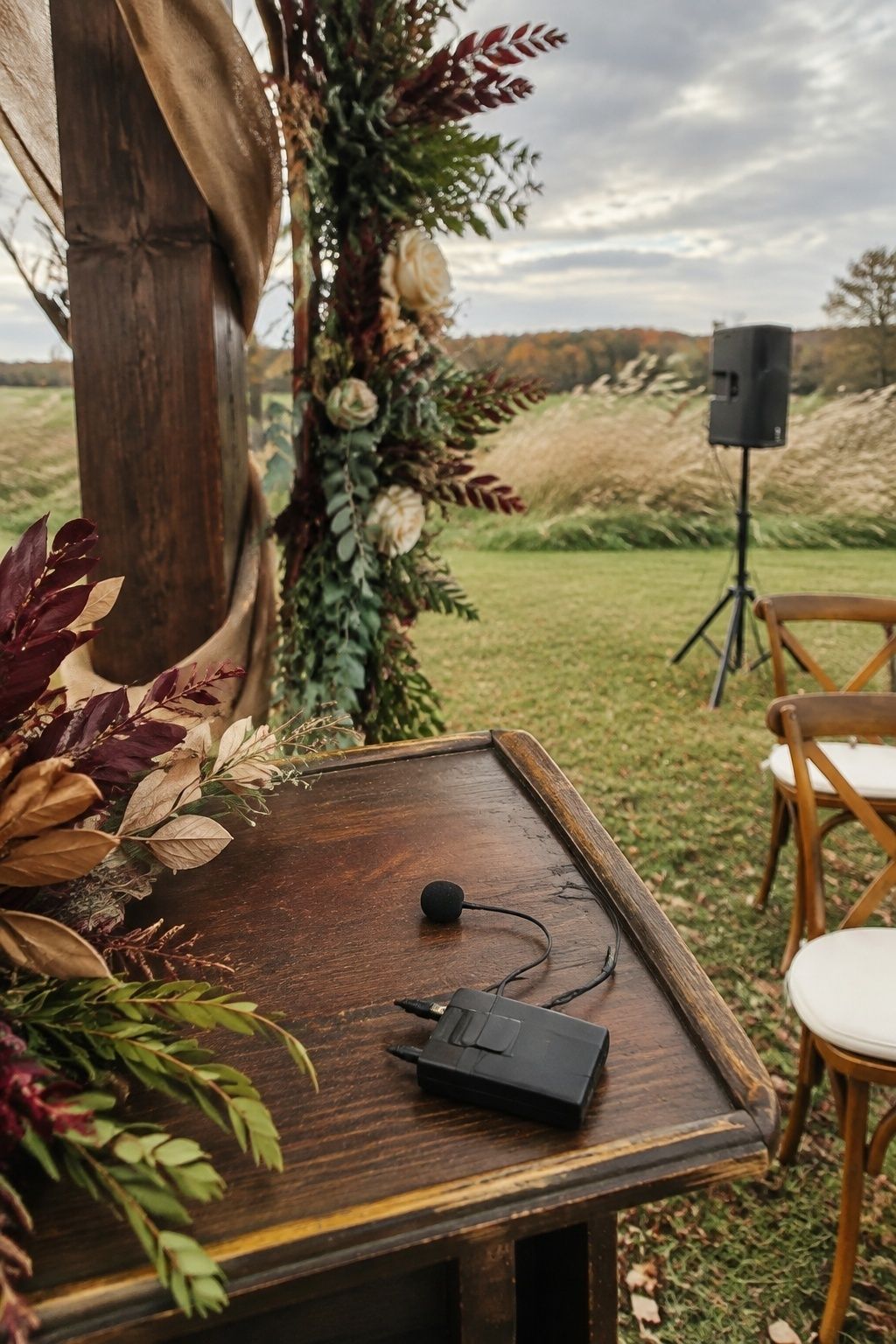 Wireless ceremony microphone ready for windy outdoor vows