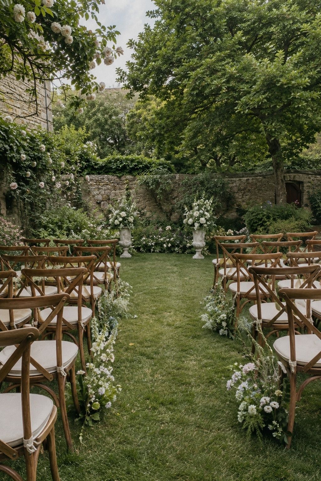 Wide three-quarter view from the aisle entrance of a 24-guest garden ceremony using flowering shrubs, mature trees, climbing roses and a stone wall as the backdrop, with simple chairs and two modest floral urns
