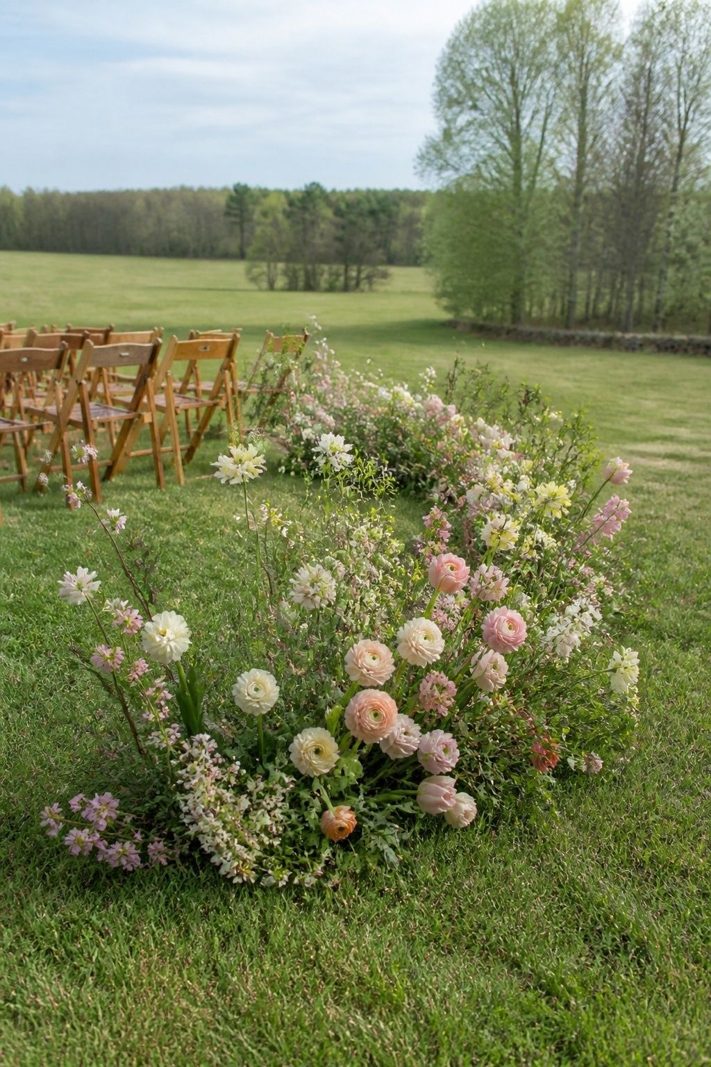 Seated guest-height view of a low open crescent of spring flowers and airy greenery framing the vow position while keeping the aisle and landscape visible