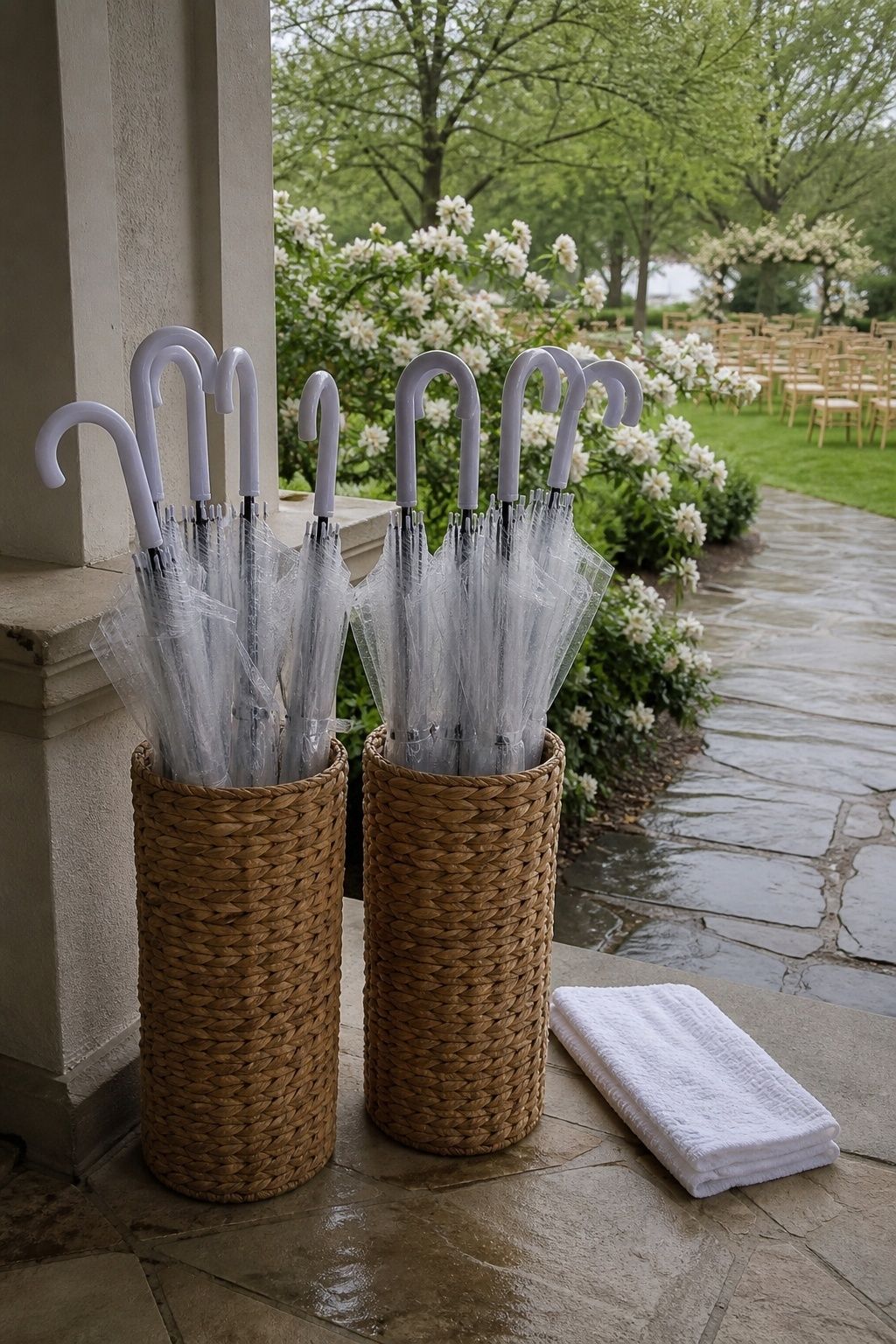 Guest-arrival view of transparent dome umbrellas stored upright in stable woven stands under a covered entry beside a damp garden path