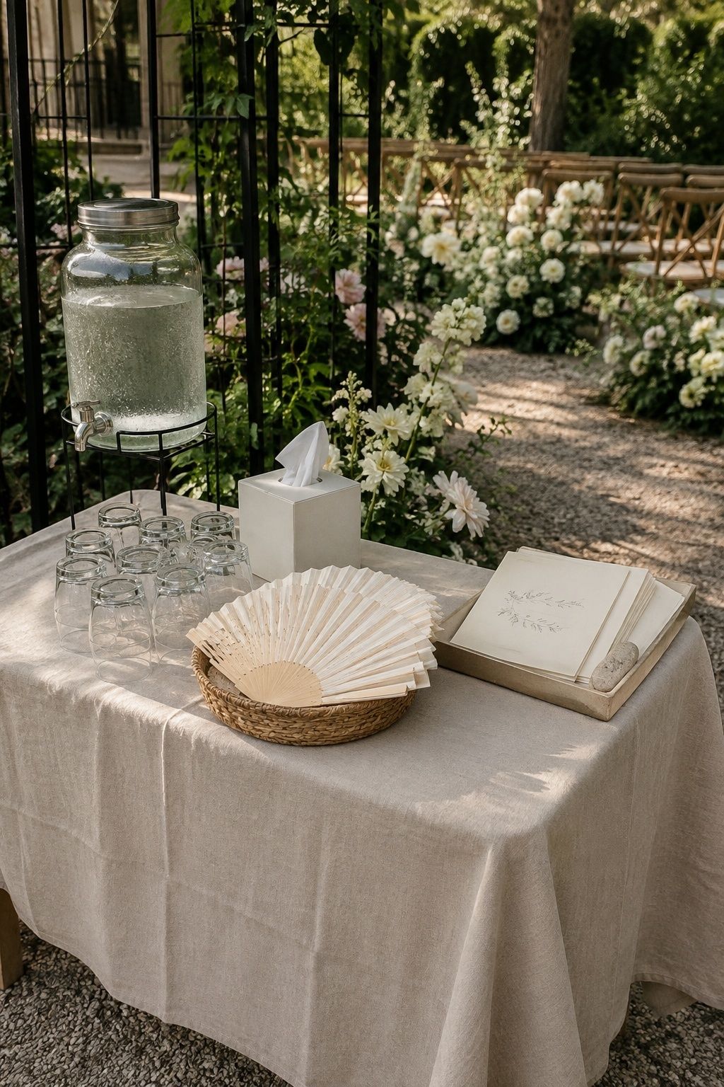 Eye-level three-quarter view of a compact welcome table with water, tumblers, tissues, ivory paper fans and cream ceremony programs weighted in a tray