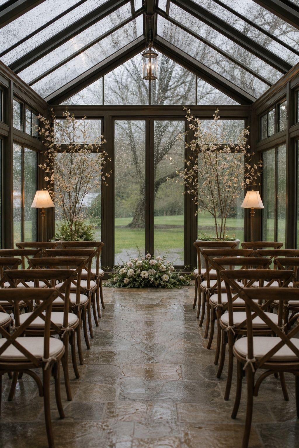 Wide back-of-aisle view of an intentional 24-guest conservatory backup ceremony with real chairs, a clear aisle, low spring flowers, potted trees and rain beyond the glass