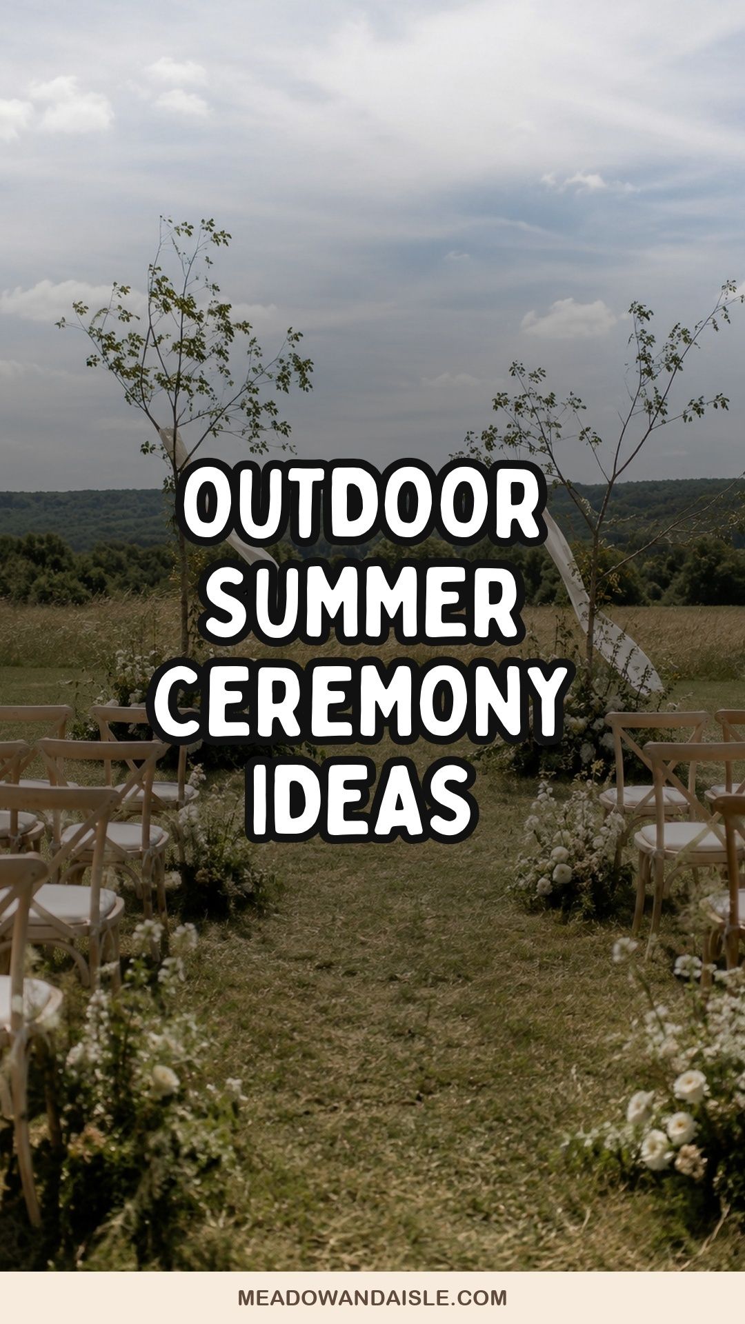 Outdoor summer ceremony ideas pin with an open meadow altar