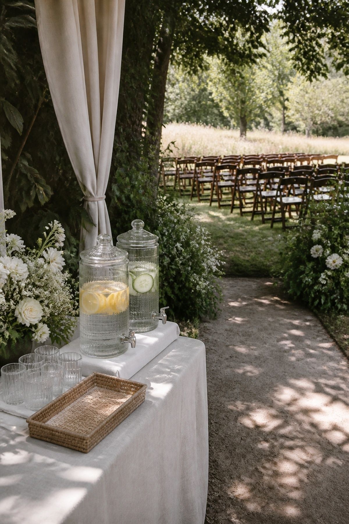 Cold lemon and cucumber water station beside a shaded outdoor ceremony entrance