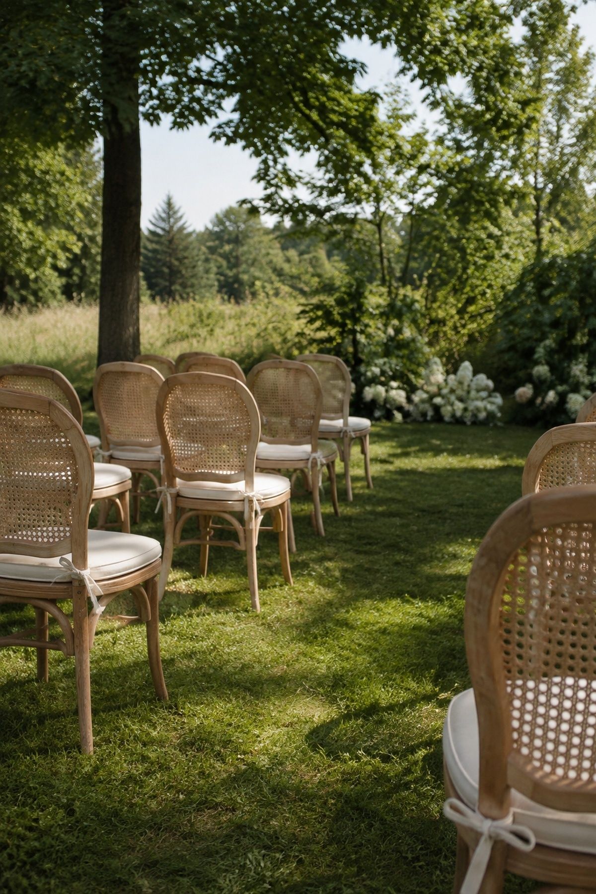 Light cane wedding chairs with linen seat pads and generous outdoor row spacing
