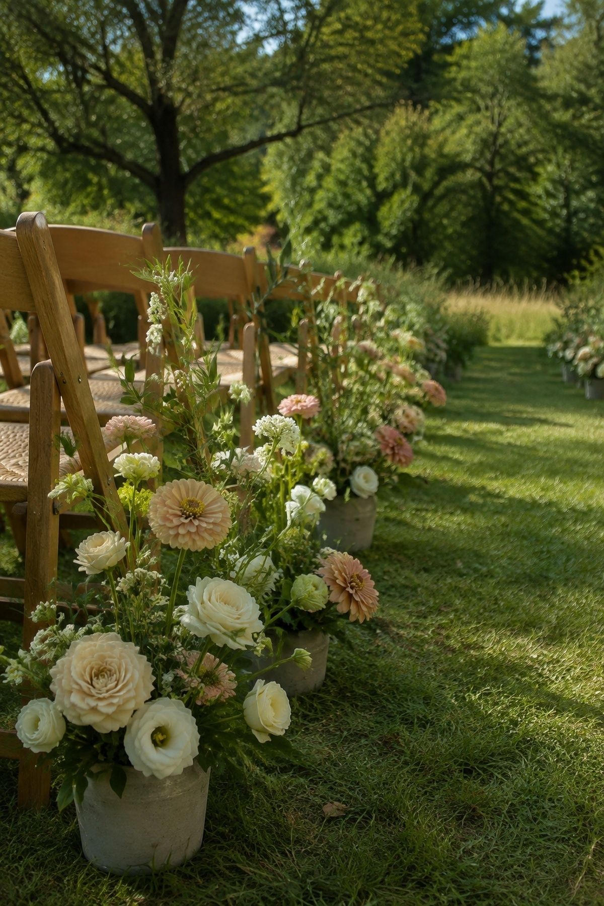 Heat-tolerant summer flowers in low ceramic vessels along a garden ceremony aisle