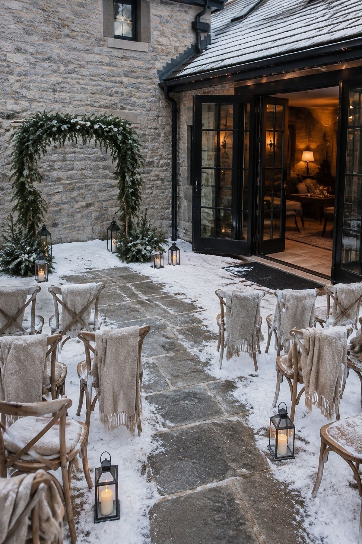 Outdoor winter wedding ceremony beside open doors to a warm indoor room