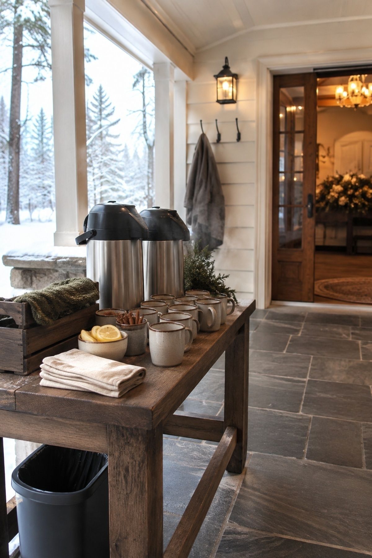 Compact hot drink station beside the indoor transition at a winter wedding