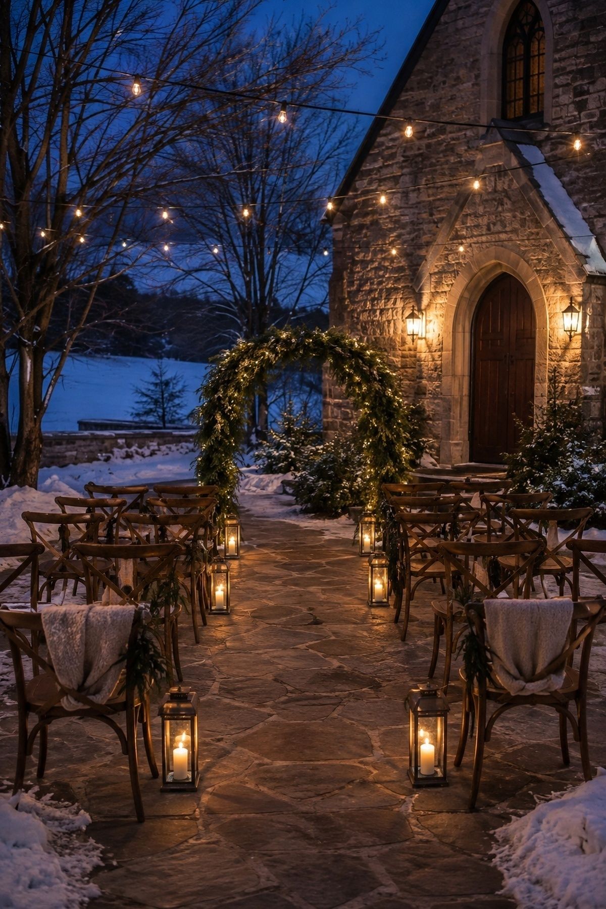 Warm lanterns and string lights at a small winter ceremony during blue hour