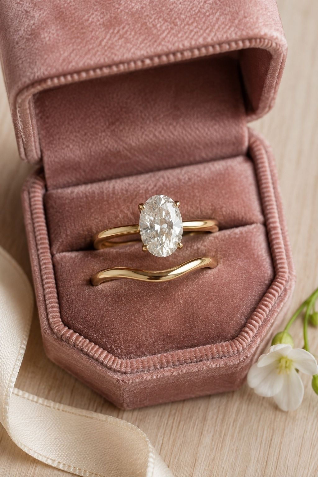 Oval engagement ring with a shallow curved gold wedding band in a rose velvet box