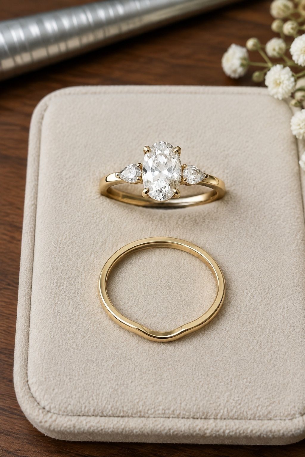 Detailed oval engagement ring with a custom fitted contour wedding band on a cream tray
