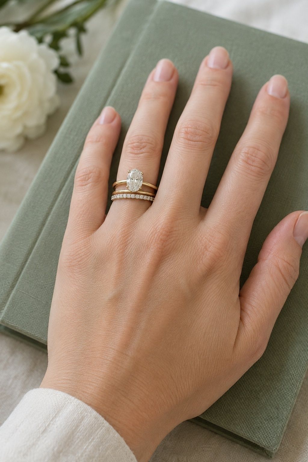 Oval ring stack with a slim gold spacer separating the prongs from a pave band