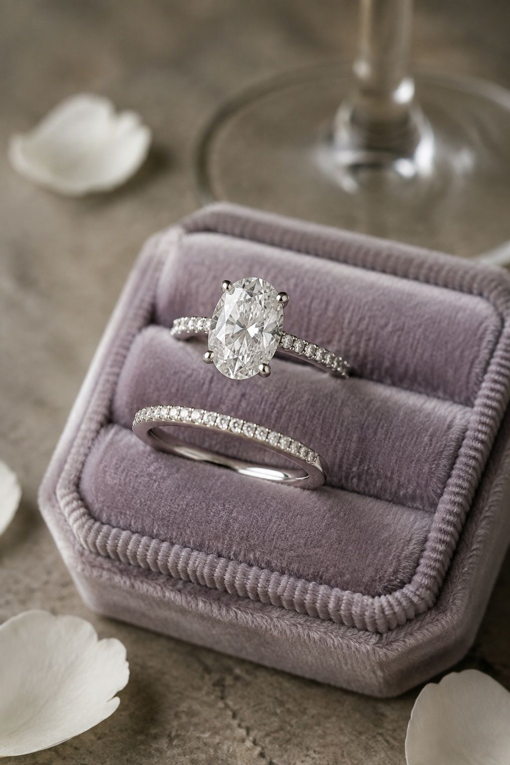 Oval engagement ring with a fine low-profile half-pave platinum wedding band