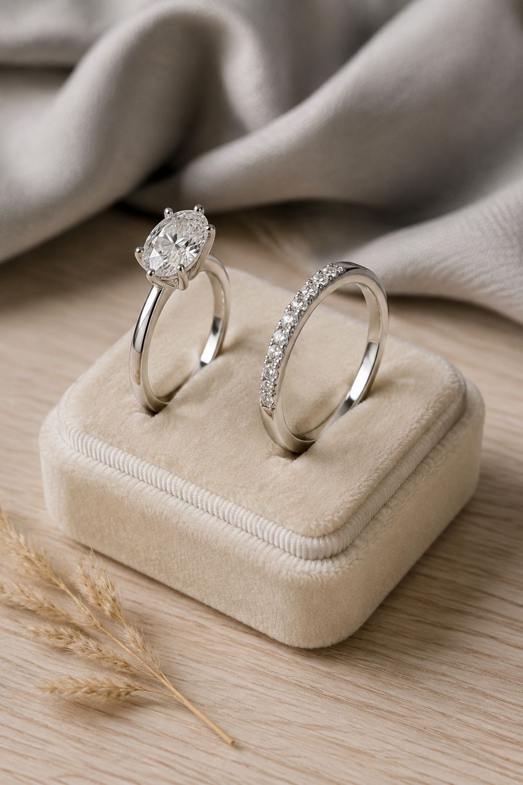 Oval solitaire beside a half-eternity band with a smooth polished underside