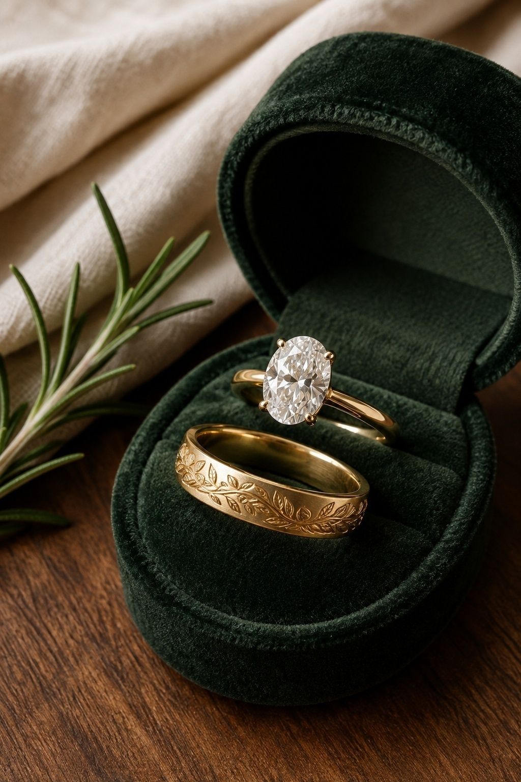 Oval engagement ring with a botanical hand-engraved gold wedding band
