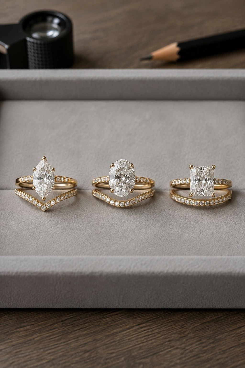 Marquise, oval, and radiant engagement ring stacks compared on a jeweler tray