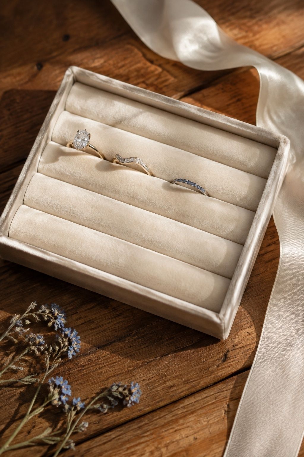 Oval engagement ring, curved band, and future blue milestone band on a velvet ring board