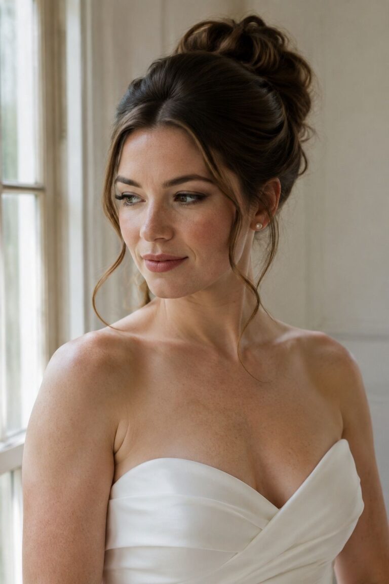 Brunette bride with a high loose Pammy bun and soft cheek-framing tendrils