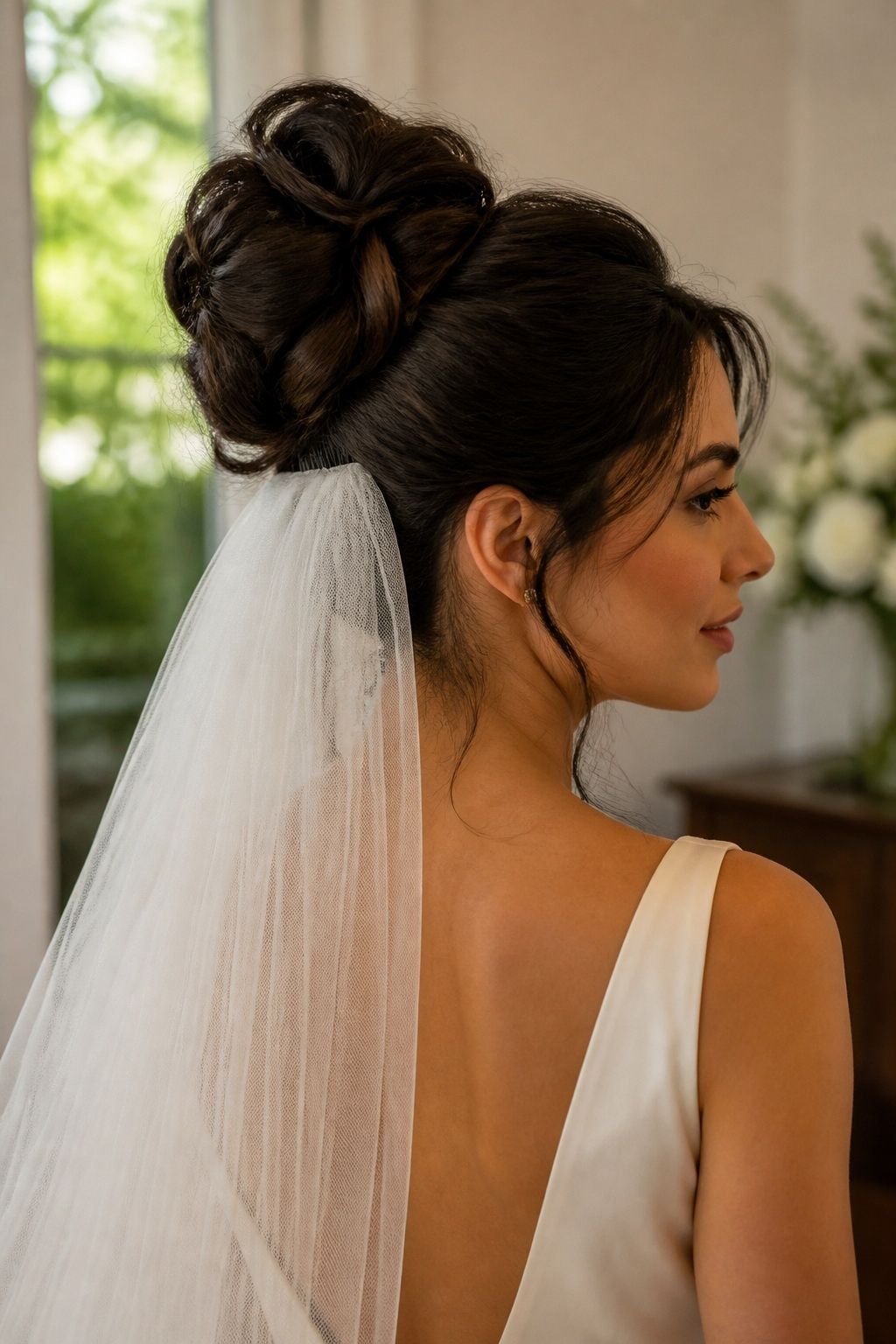 Dark bridal updo with a tulle veil attached beneath the high bun