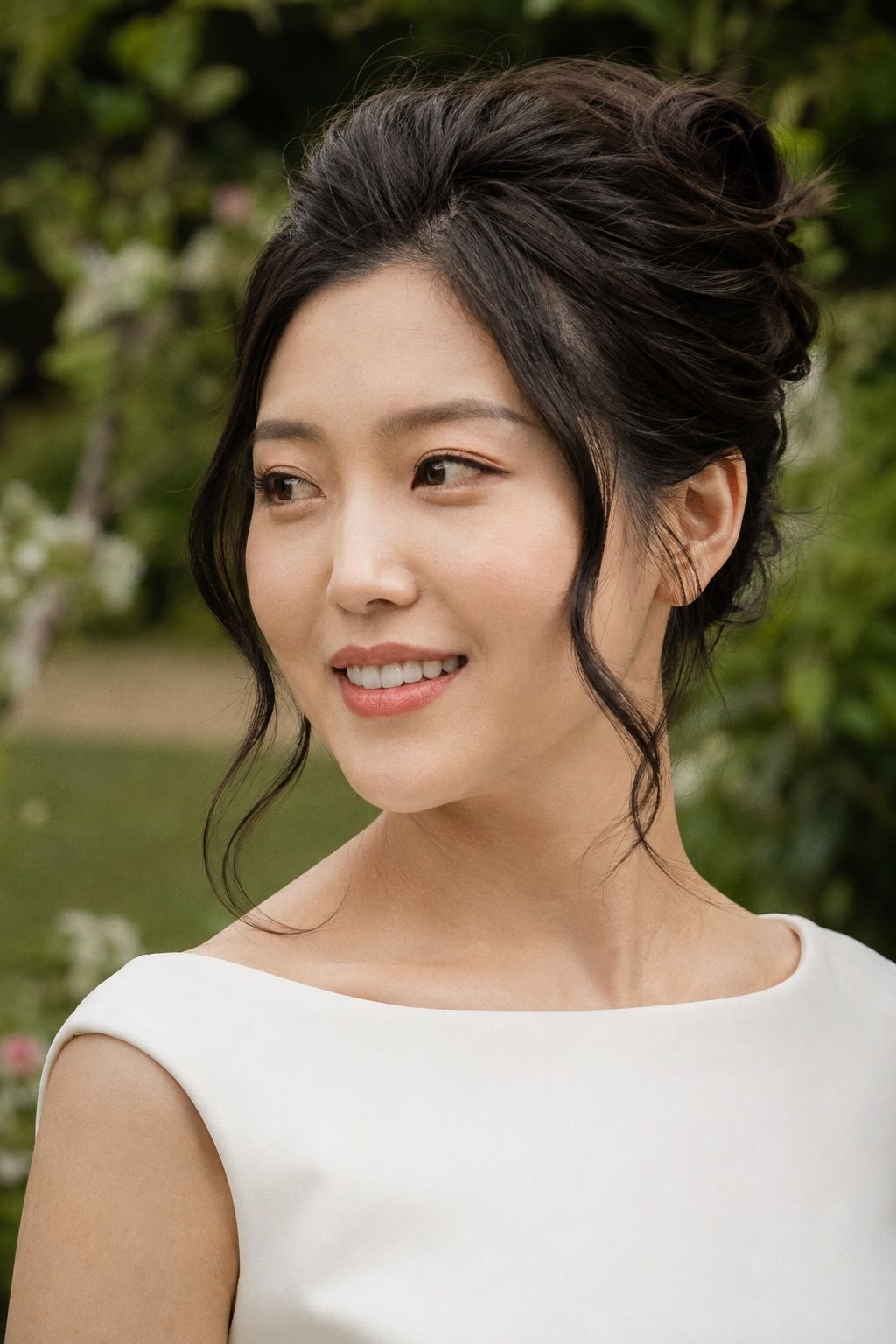 Bride with a dark high updo and separated jaw-length tendrils