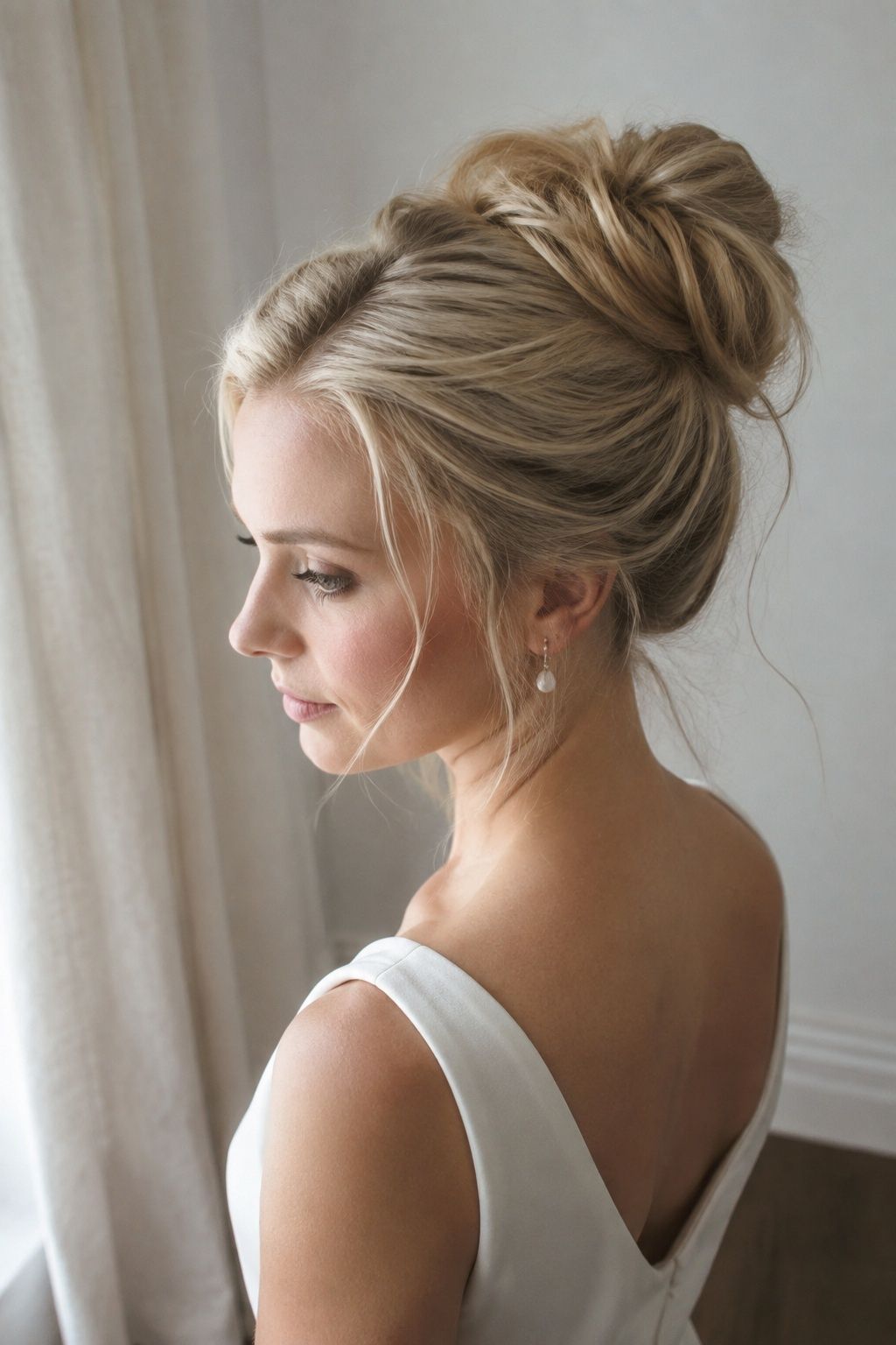 Fine blonde bridal hair gathered into a softly lifted high bun