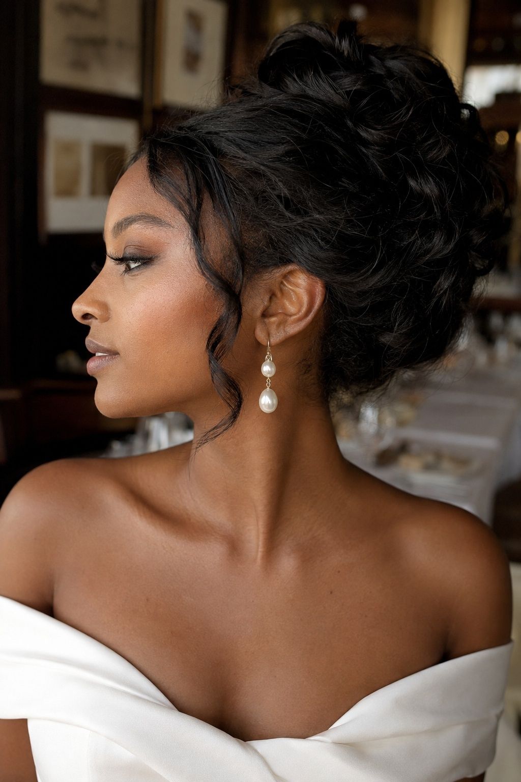 Bridal updo with a curved tendril and double-pearl drop earring