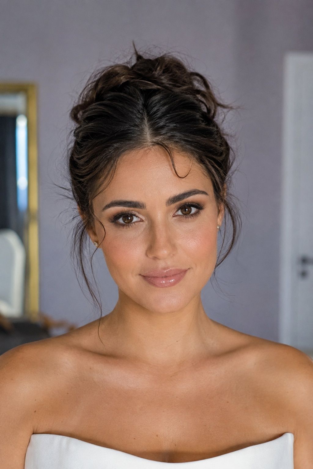 Bridal high updo with a short curved tendril beside the center part