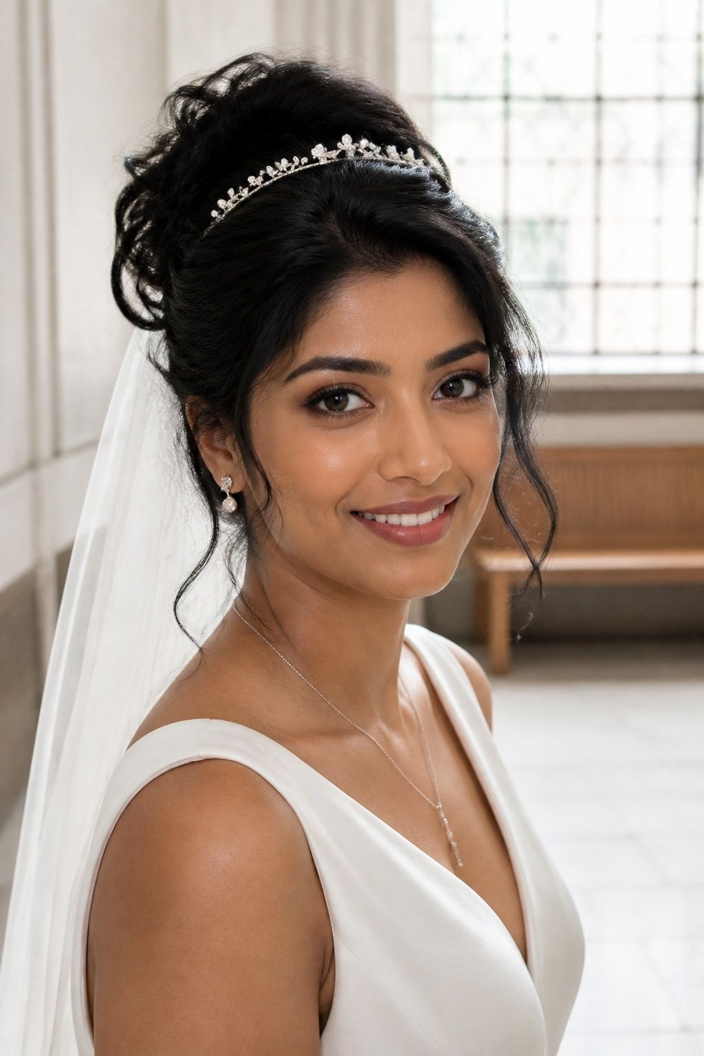 Dark high bridal updo with a slim crystal tiara
