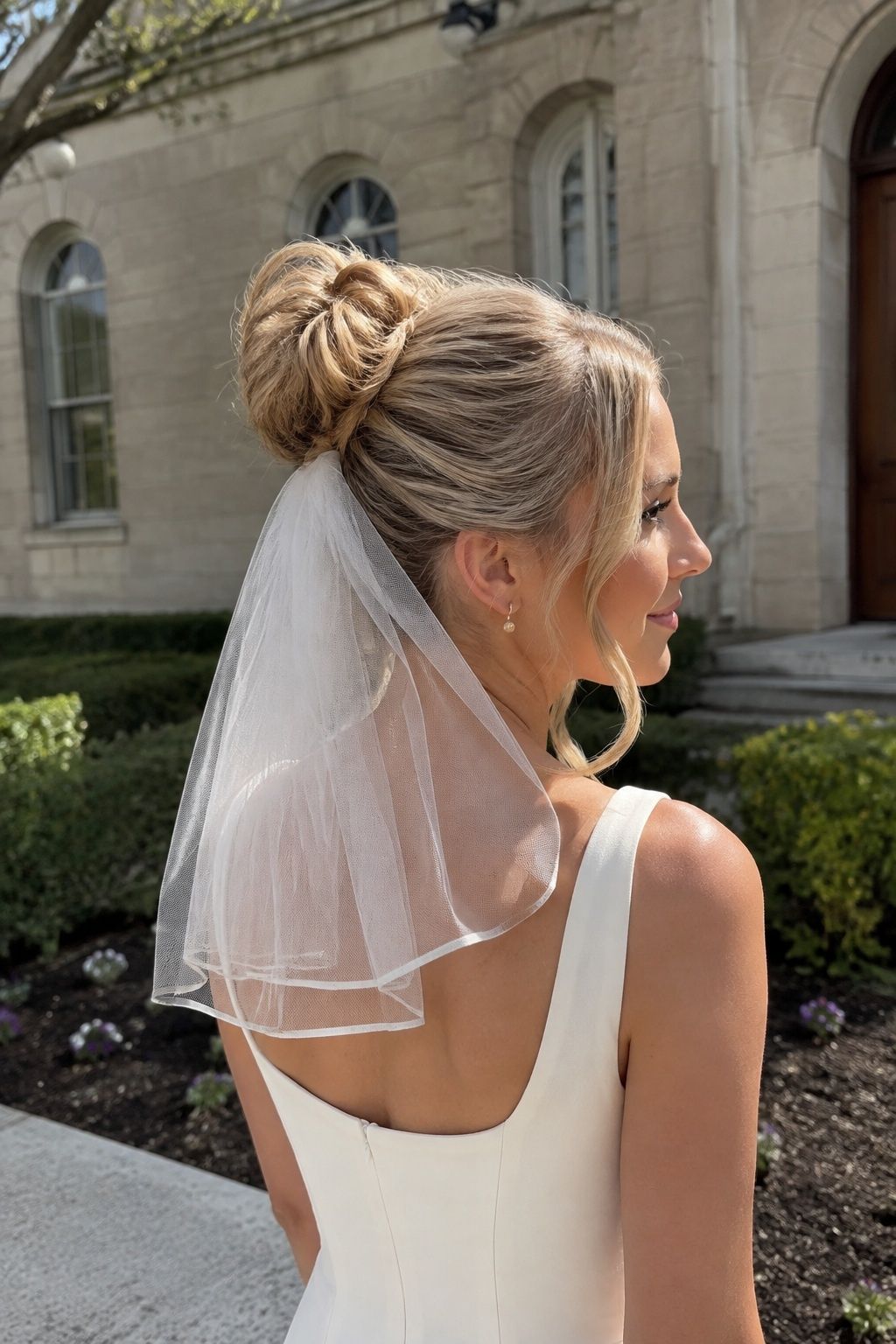 Blonde Pammy updo with a short tulle veil attached beneath the bun
