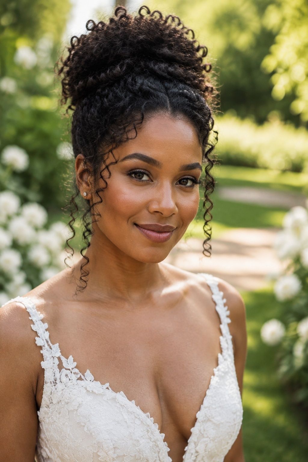 Curly bridal hair gathered high with defined spiral tendrils
