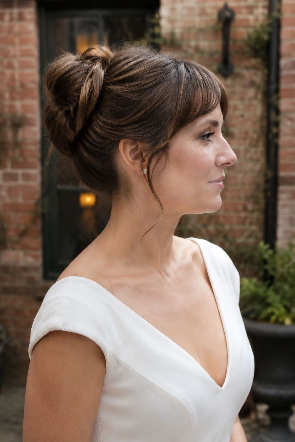 Bridal updo with short curved bangs and deliberate wisps